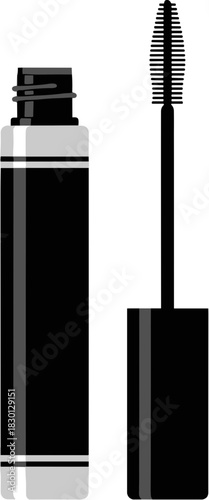 Open black mascara tube with applicator brush vector illustration.