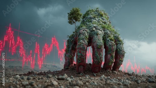 Giant hand-shaped rock with tree amidst stock graphs