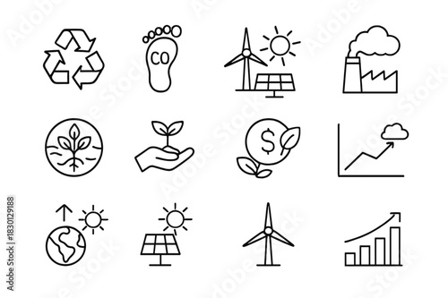 Environmental Economics Icons. Environmental Economics. Line icon set of Environmental Economics: recycling icon, carbon footprint, renewable energy, pollution