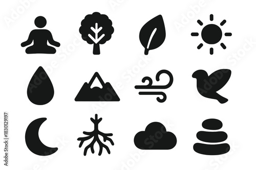 Nature Meditation Icons. Nature meditation. Solid icon set of nature meditation: lotus pose, tree, leaf, sun, water droplet, mountain, wind swirl, bird, moon,