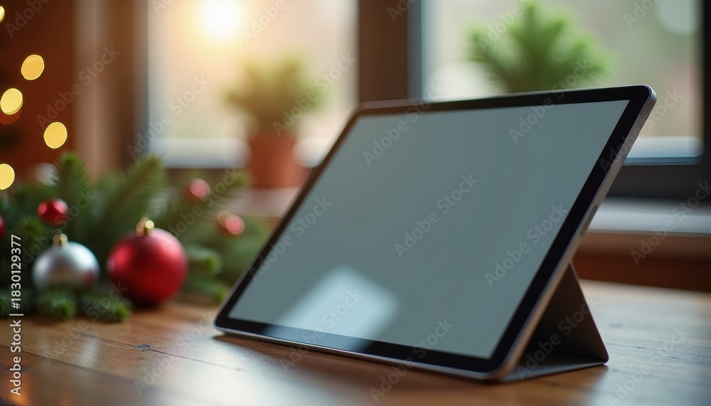 Fototapeta premium Tablet device beside festive gift boxes with Christmas tree backdrop 