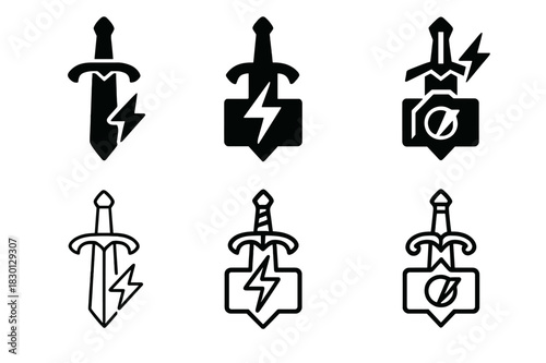 Cosplay Logo Variations. Cosplay photography studio. Icon set. Set Logo of cosplay photography: fantasy prop and flash. harmonious logo variations of the same