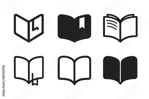 Open Book Logos. Open book. Icon set. Set Logo of open book: Book with a bookmark. harmonious logo variations of the same emblematic concept, each with