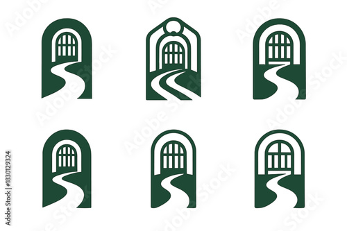 Garden Path Logos. Garden path. Icon set. Set Logo of garden path: path leading to gate. harmonious logo variations of the same emblematic concept, each with