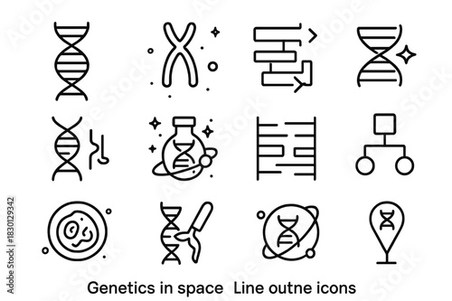 Genetic Space Icons. Genetics in space. Line icon set of genetics in space: DNA double helix, floating chromosome, gene expression, mutation icon, RNA strand,
