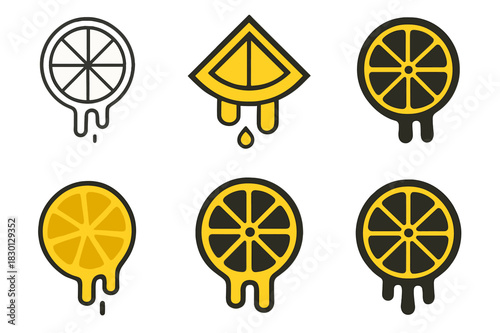 Sliced Lemon Logos. Sliced Lemon. Icon set. Set Logo of sliced lemon: dripping lemon slice. harmonious logo variations of the same emblematic concept, each