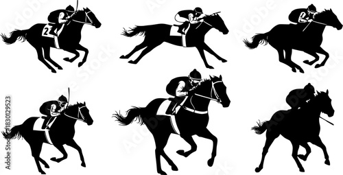 Silhouette of a horse and jockey racing at full speed in a horse race competition event design vector | editable eps vectors