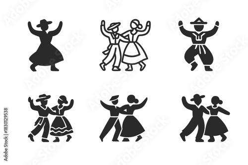 Cultural Dance Logos. Dancing at a cultural festival. Icon set. Set Logo of cultural dance: traditional costume silhouette. harmonious logo variations of the