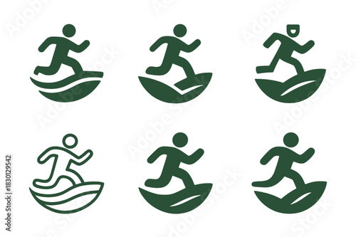 Joyful Running Emblems. Happy Person Running Through a Field. Icon set. Set Logo of Happy Person Running Through a Field: running figure with nature curve.