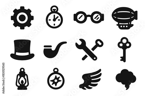 Steampunk Fantasy Icons. Steampunk Fantasy. Solid icon set of Steampunk Fantasy: gear, clock, goggles, airship, top hat, pipe, wrench, key, lantern, compass,