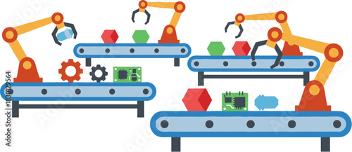 Industrial robotic arms working on multiple automated conveyor belts in a factory setting.
