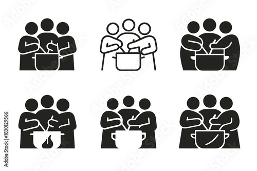 Cooking Icon Variations. Cooking together with friends. Icon set. Set Logo of cooking: group stirring pot. harmonious logo variations of the same emblematic