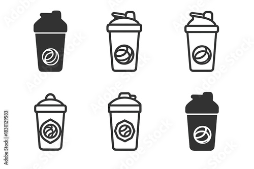 Protein Shaker Icons. Protein Shaker. Icon set. Set Logo of Protein Shaker: bottle with mixing ball. harmonious logo variations of the same emblematic concept,