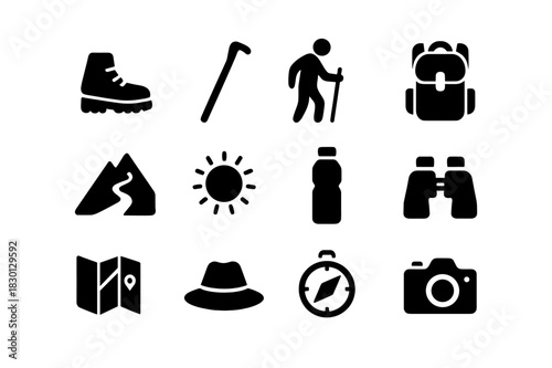 Active Lifestyle Icons. Active lifestyle. Solid icon set of Active lifestyle: hiking boots, walking stick, senior figure, backpack, mountain trail, sun icon,