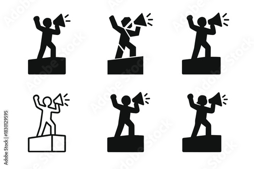 Rooftop Protest Icon Variations. Activist on rooftop. Icon set. Set Logo of activist on rooftop: Silhouette shouting with megaphone. harmonious logo variations