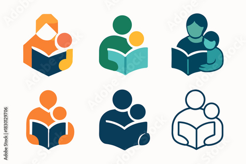 Childcare Icon Set. Childcare and parenting solutions. Icon set. Set Logo of childcare and parenting solutions: Parent reading to child. harmonious logo