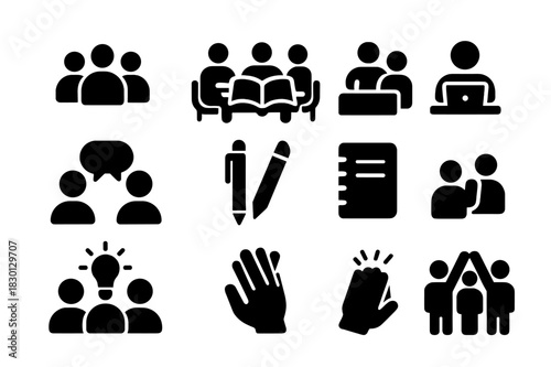 Group Study Icons. Group study. Solid icon set of Group study: multiple students, table, shared book, laptop, discussion, speech bubble, pens, notebook, idea