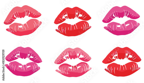 Colorful lipstick kiss prints arranged in vibrant pink and red lip shapes with glossy texture Concept of romance beauty passion expression