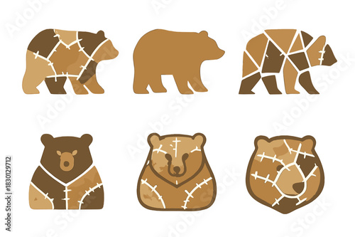 Paper Mache Animal Logos. Paper mache animal crafts. Icon set. Set Logo of paper mache animal crafts: bear with patch texture. harmonious logo variations of