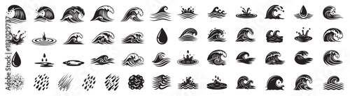 Various water wave splash droplet and rain symbols in stylized black illustration showing fluid motion Concept of nature fluidity weather and ocean energy