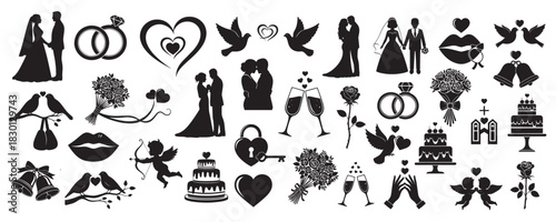 Wedding romance icons with couples rings hearts doves bouquets cakes and love symbols in elegant black illustration Concept of marriage celebration affection and unity