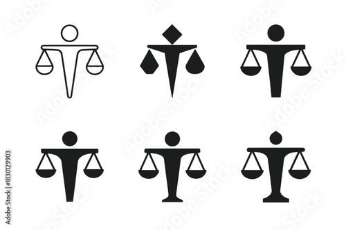 Courtroom Logo Variations. Courtroom scene with defendant. Icon set. Set Logo of courtroom: scales of justice with person. harmonious logo variations of the