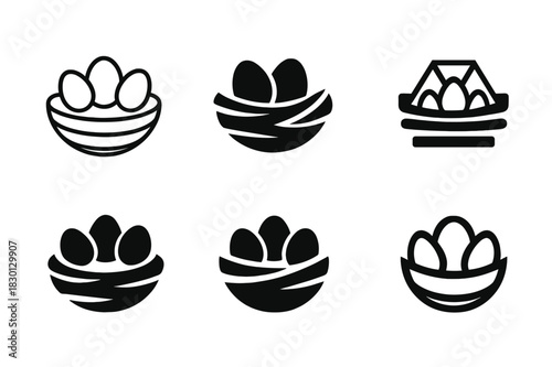 Nest Logo Variations. Nest. Icon set. Set Logo of nest: bird nest with eggs. harmonious logo variations of the same emblematic concept, each with different