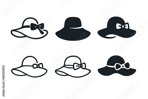 Summer Hats Icons. Summer hats. Icon set. Set Logo of summer hats: fashionable floppy hat. harmonious logo variations of the same emblematic concept, each with