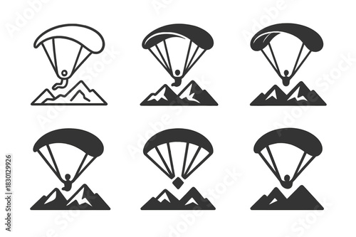 Paragliding Logo Emblems. Paragliding. Icon set. Set Logo of Paragliding: mountain ridge and glider. harmonious logo variations of the same emblematic concept,