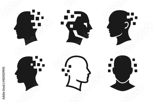 Digital Avatar Icons. Digital avatars and evolving identity. Icon set. Set Logo of digital avatars: pixelated head transition. harmonious logo variations of