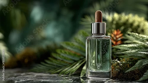 Glass dropper bottle surrounded by lush greenery