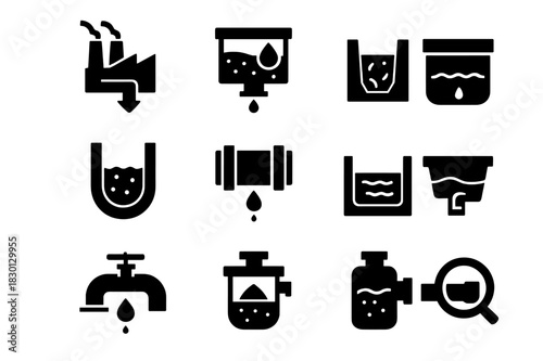Industrial Drainage Icons. Industrial drainage. Solid icon set of Industrial drainage: factory runoff, oil-water separator, trench grate, concrete channel,