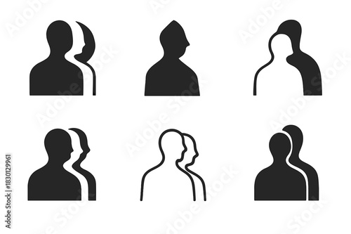 Soul Departure Icons. Soul leaving the body. Icon set. Set Logo of soul leaving the body: Two overlapping silhouettes (body and spirit). harmonious logo