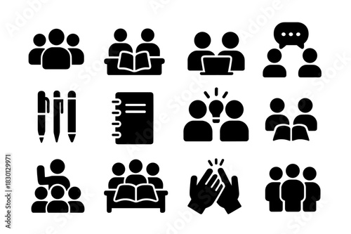 Group Study Icons. Group study. Solid icon set of Group study: multiple students, table, shared book, laptop, discussion, speech bubble, pens, notebook, idea
