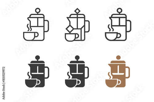 Coffee Logo Variations. Drinking Coffee. Icon set. Set Logo of Drinking Coffee: French Press. harmonious logo variations of the same emblematic concept, each