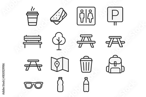 Rest Stop Essentials. Rest stop items. Line icon set of rest stop items: coffee cup, sandwich, restroom sign, bench, tree, parking sign, picnic table, map,