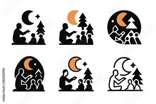 Storytelling Night Logos. Cultural storytelling nights. Icon set. Set Logo of storytelling nights: moonlit outdoor storytelling scene. harmonious