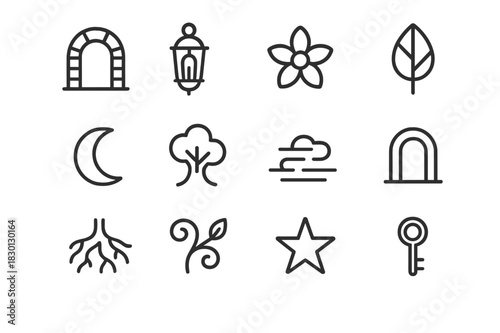 Hidden Sanctuary Icons. Hidden Sanctuary. Line icon set of Hidden Sanctuary: stone gate, lantern, flower, leaf, moon, tree, mist, archway, root, vine, star,