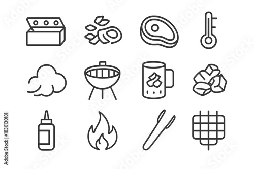Smoking Techniques Icons. Smoking techniques. Line icon set of smoking techniques: smoker box, wood chips, meat cut, thermometer, smoke cloud, grill, chimney,