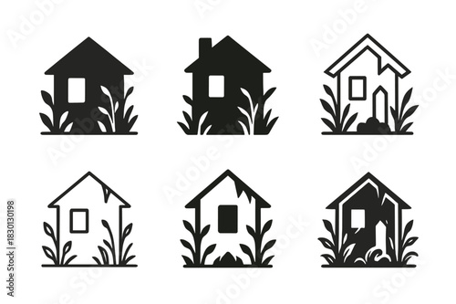 Abandoned House Logos. Dilapidated house with no sign of life. Icon set. Set Logo of abandoned home: overgrown structure. harmonious logo variations of the