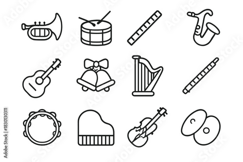 Holiday Instrument Icons. Holiday Instruments. Line icon set of Holiday Instruments: trumpet, drum, flute, saxophone, guitar, bells, harp, clarinet,