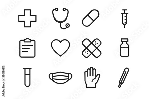 Healthcare Icons Grid. Healthcare essentials. Line icon set of healthcare essentials: cross, stethoscope, pill, syringe, clipboard, heart, bandage, vial, test