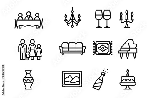 Wealthy Family Icons. Wealthy Family Gathering. Line icon set of Wealthy Family Gathering: dining table, chandelier, wine glasses, candelabra, formal attire,