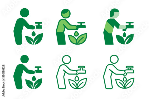 Nature Habit Icons. Nature-friendly habits. Icon set. Set Logo of nature habits: person conserving water. harmonious logo variations of the same emblematic