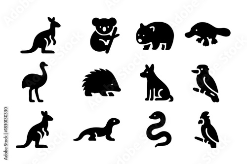 Australian Wildlife Icons. Australian wildlife. Solid icon set of Australian wildlife: kangaroo, koala, wombat, platypus, emu, echidna, dingo, kookaburra,