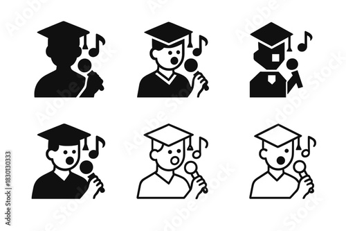 School Singing Logos. Singing for musical productions in schools. Icon set. Set Logo of singing for musical productions in schools: Student holding a