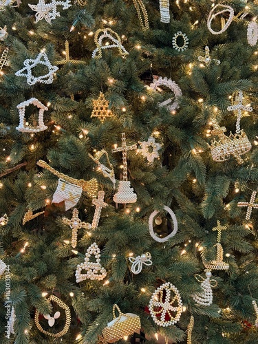 Close up of Chrismon ornaments on a holiday tree