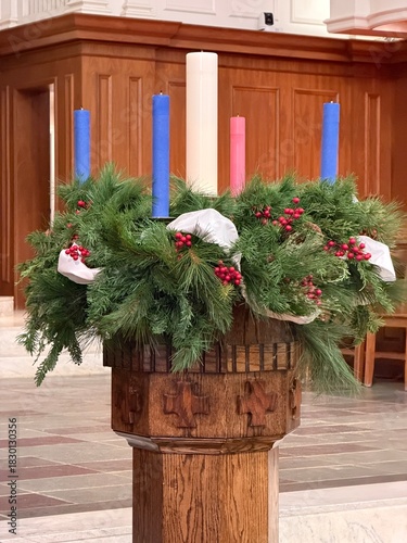 A beautiful holiday Advent wreath with a shallow depth of field