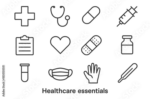 Healthcare Icons Grid. Healthcare essentials. Line icon set of healthcare essentials: cross, stethoscope, pill, syringe, clipboard, heart, bandage, vial, test