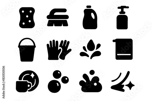 Cleaning Supplies Icons. Cleaning supplies. Solid icon set of Cleaning supplies: sponge, scrub brush, detergent, soap bottle, bucket, gloves, water splash,